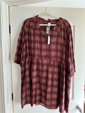 FLAWLESS Burgundy Plaid Button-Front Casual Dress Size 2X NWT.
